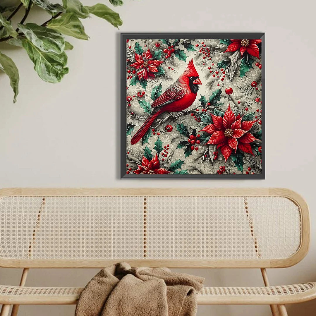 Diamond Painting - Full Round / Square - Red Poinsettia Cardinal