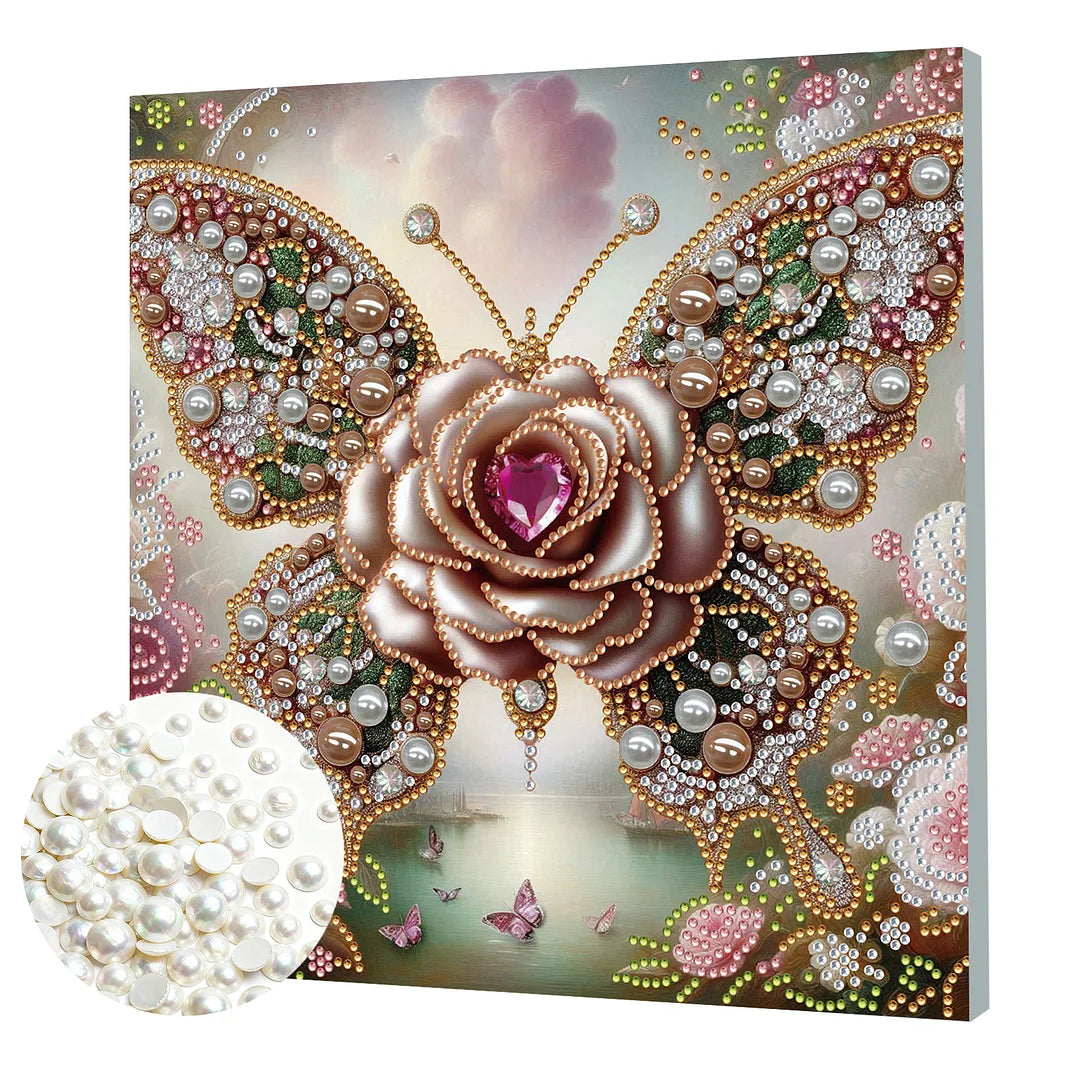 DIY Pearl Painting With Frame - Handmade Self-Adhesive Pearls - Flower Butterfly (25*25cm)