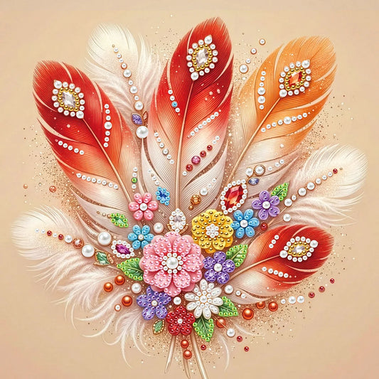 DIY Pearl Painting With Frame - Handmade Self-Adhesive Pearls - Feather (25*25cm)
