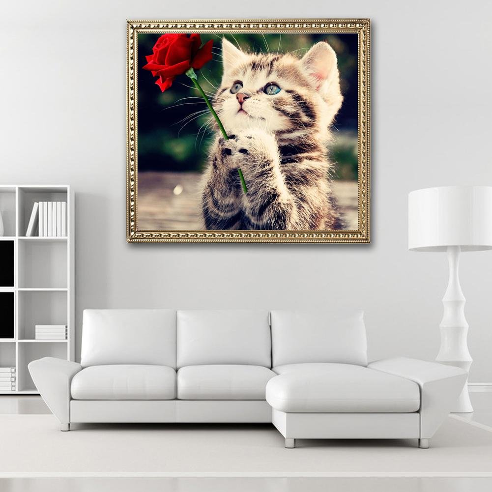 5D DIY Diamond Painting Kit - Partial Round - Cat & Rose