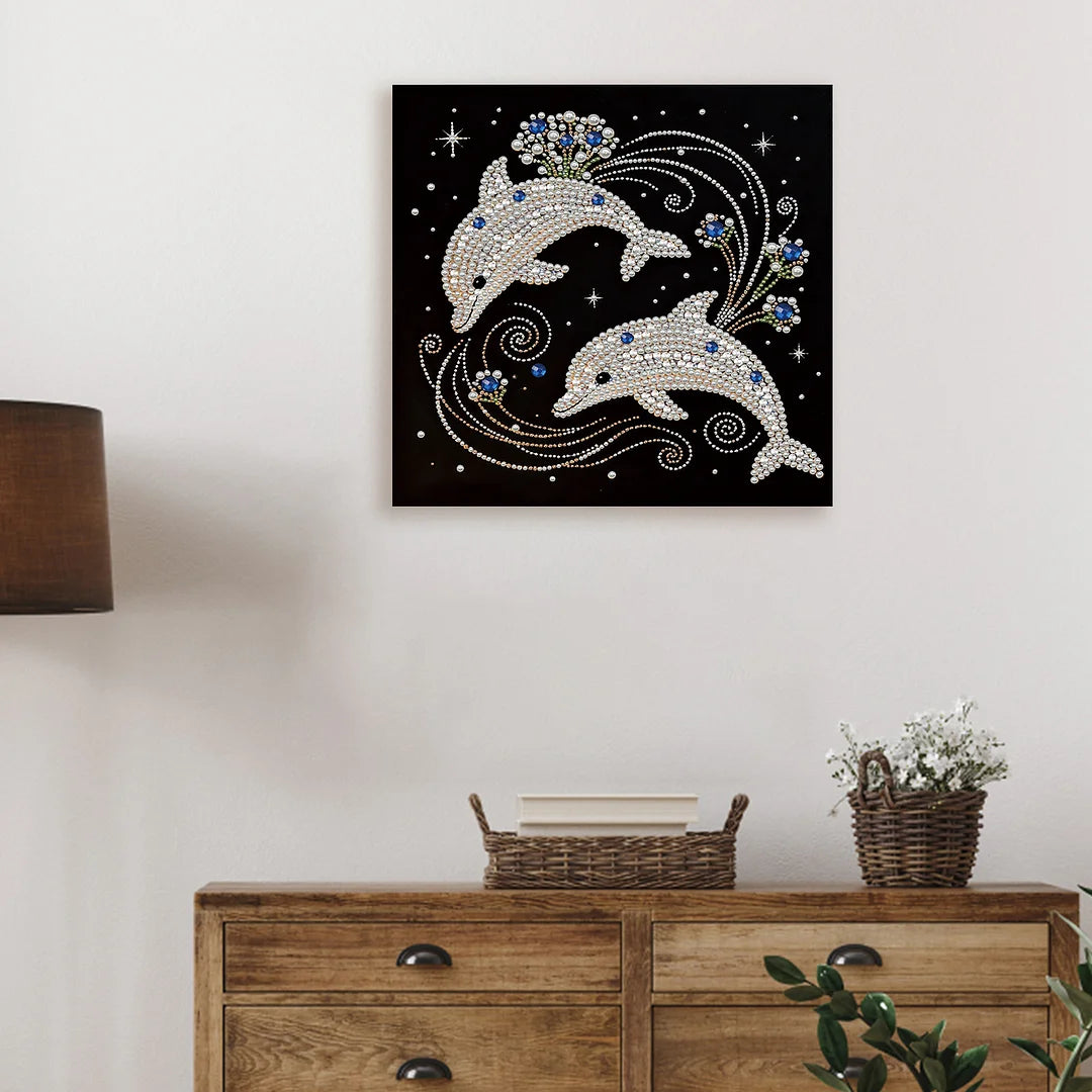 DIY Pearl Painting With Frame - Handmade Self-Adhesive Pearls - Dolphins (30*30cm)