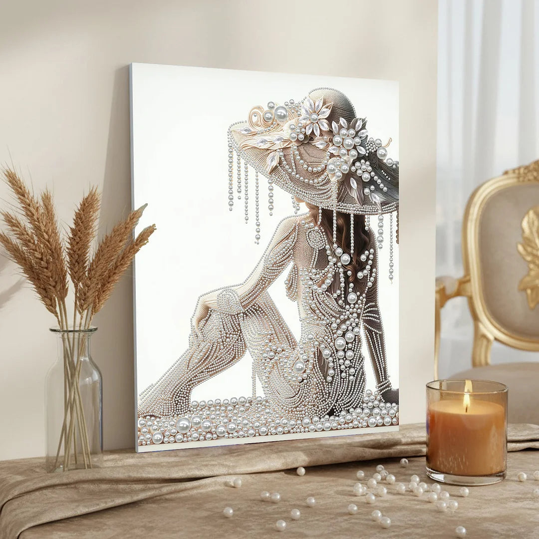 DIY Pearl Painting With Frame - Handmade Self-Adhesive Pearls - Hat Woman (40*50cm)