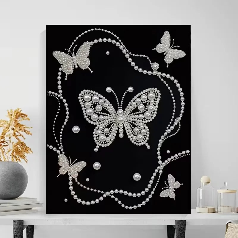 DIY Pearl Painting With Frame - Handmade Self-Adhesive Pearls - Butterfly (30*40cm) F