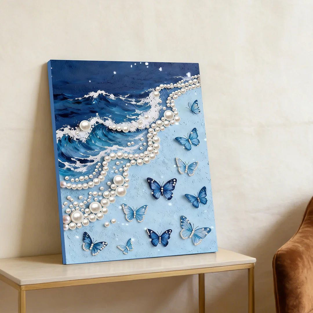 DIY Pearl Painting With Frame - Handmade Self-Adhesive Pearls - Butterfly Waves (30*40cm)