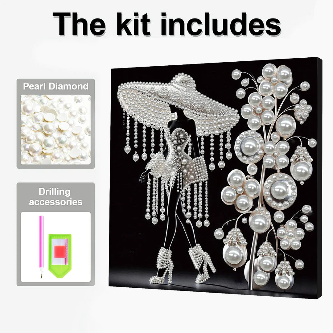 DIY Pearl Painting With Frame - Handmade Self-Adhesive Pearls - White Pearl Lady (30*30cm) B