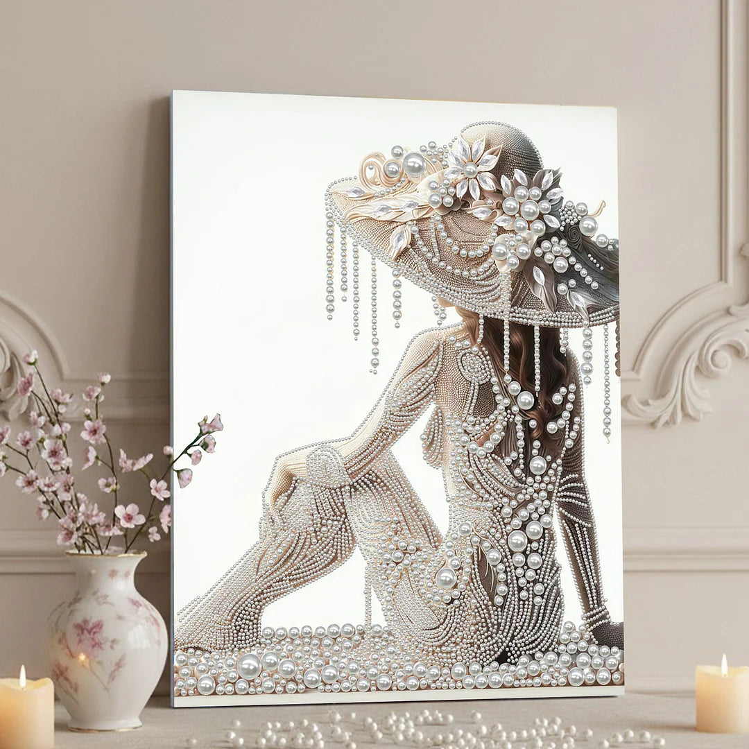 DIY Pearl Painting With Frame - Handmade Self-Adhesive Pearls - Hat Woman (40*50cm)