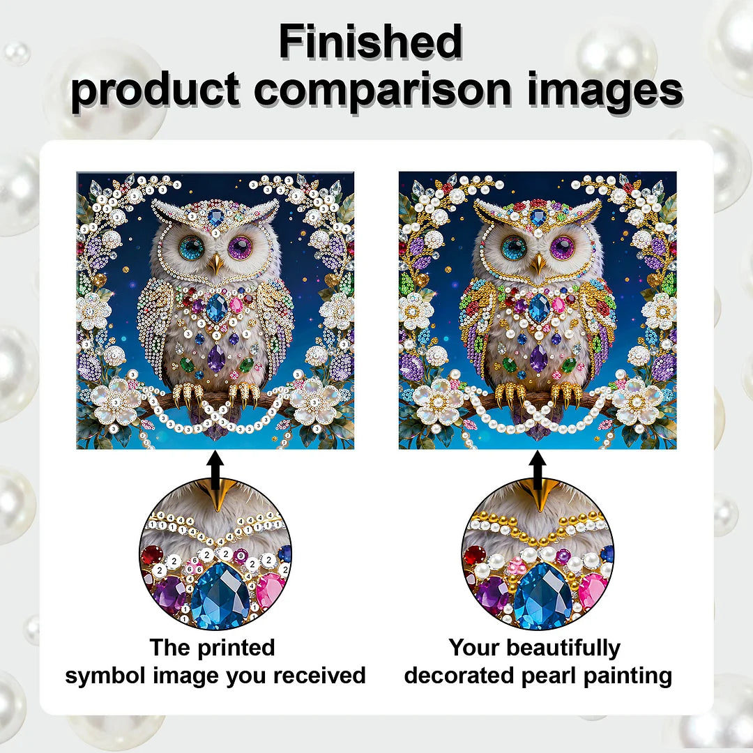 DIY Pearl Painting With Frame - Handmade Self-Adhesive Pearls - Owl (25*25cm) A