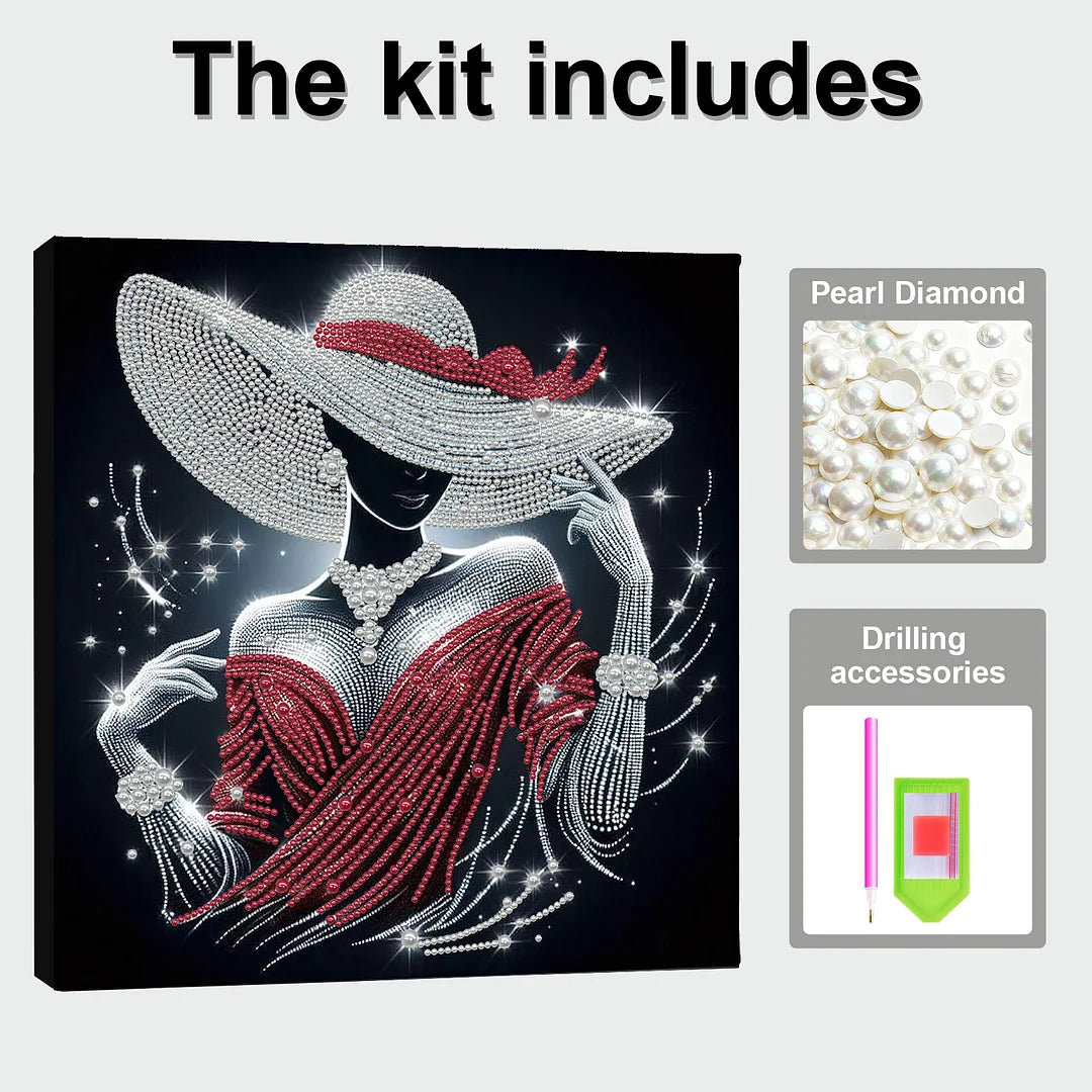 DIY Pearl Painting With Frame - Handmade Self-Adhesive Pearls - Red Dress Lady (30*30cm) A