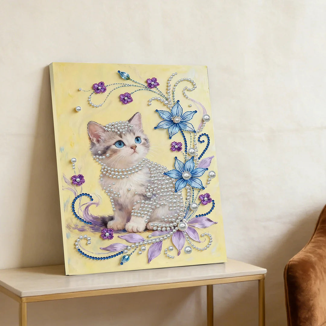 DIY Pearl Painting With Frame - Handmade Self-Adhesive Pearls - Flower Cat (30*40cm) A