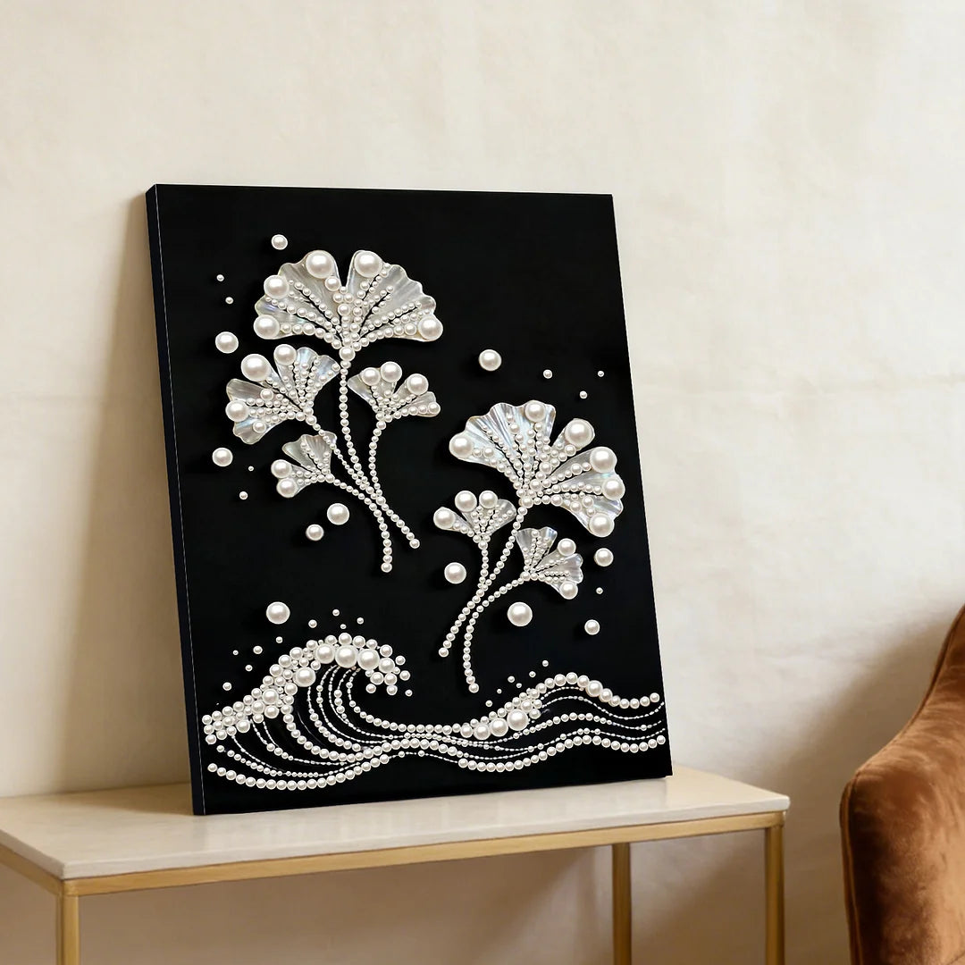 DIY Pearl Painting With Frame - Handmade Self-Adhesive Pearls - Ginkgo Leaves (30*40cm) A