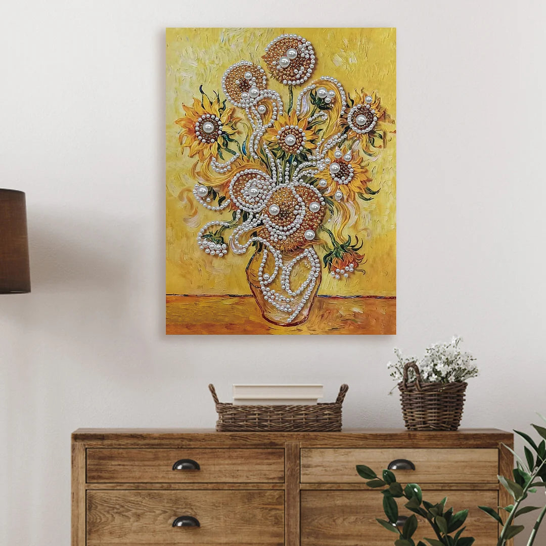 DIY Pearl Painting With Frame - Handmade Self-Adhesive Pearls - Sunflower Vase (30*40cm)