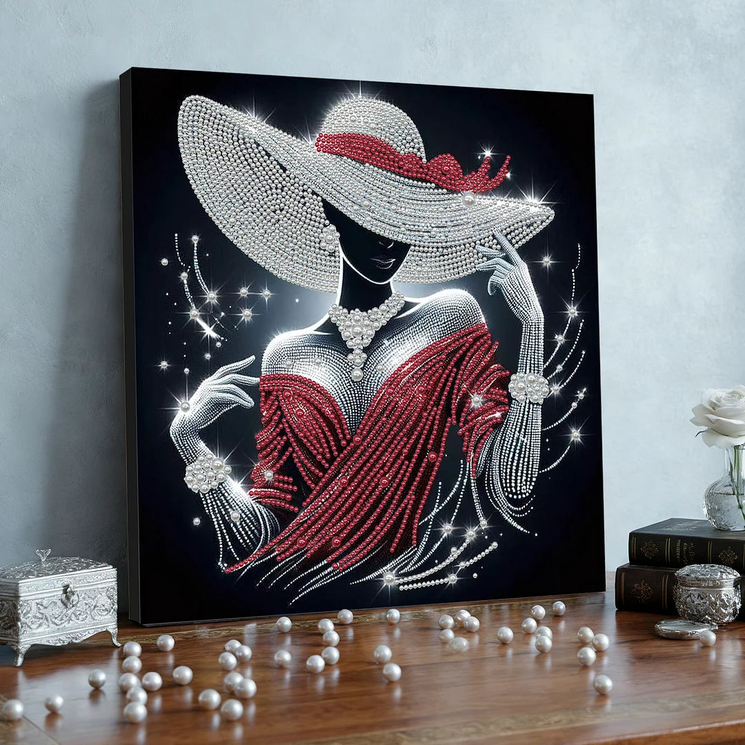 DIY Pearl Painting With Frame - Handmade Self-Adhesive Pearls - Red Dress Lady (30*30cm) A