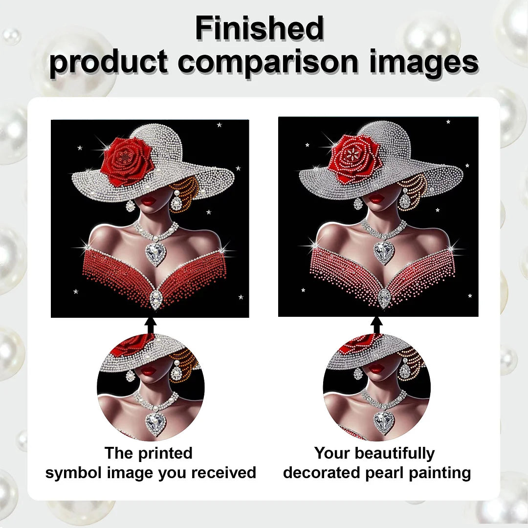 DIY Pearl Painting With Frame - Handmade Self-Adhesive Pearls - Red Woman (30*30cm)