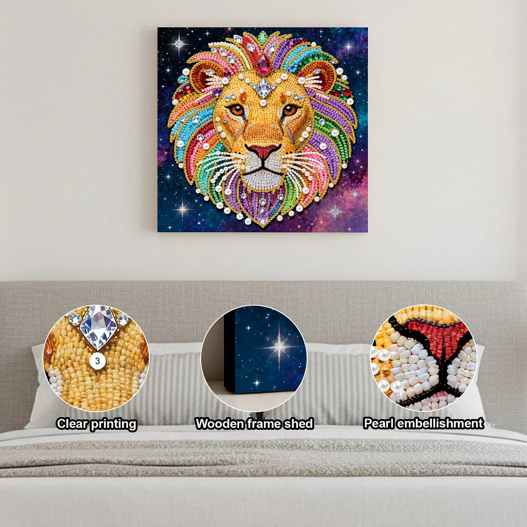 DIY Pearl Painting With Frame - Handmade Self-Adhesive Pearls - Lion (25*25cm) A