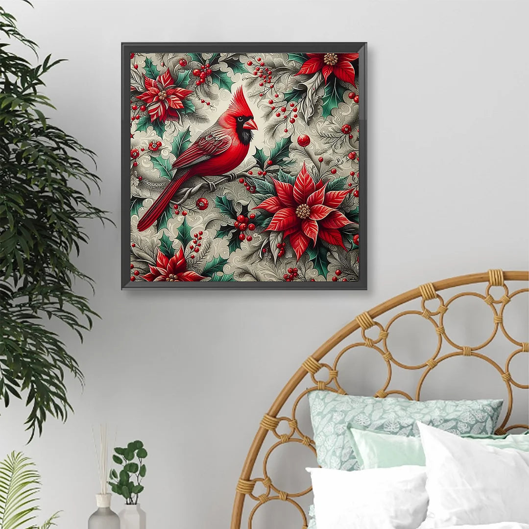 Diamond Painting - Full Round / Square - Red Poinsettia Cardinal