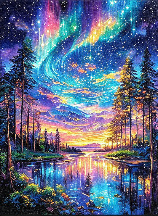 DIY Diamond Painting Kit - Full Round / Square - Aurora-lit Lake And Starry Sky