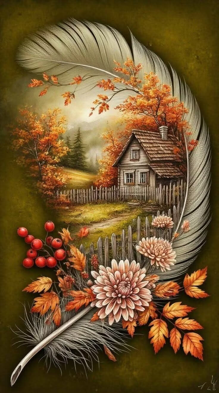 An autumn-themed art print featuring a large feather framing a small rustic house, orange foliage, flowers, and red berries on an olive green background.