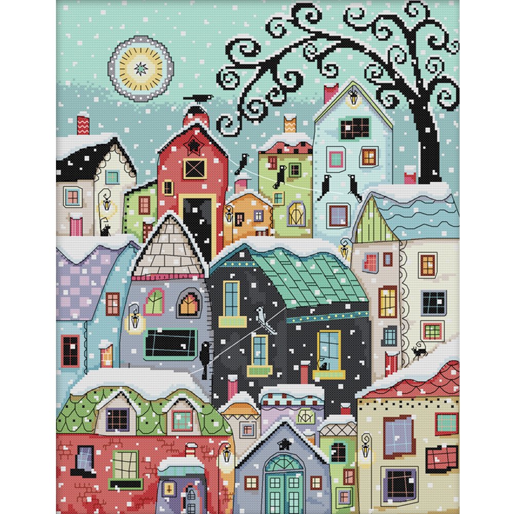 11ct Stamped Cross Stitch Snow Street Scenery(51*61cm)