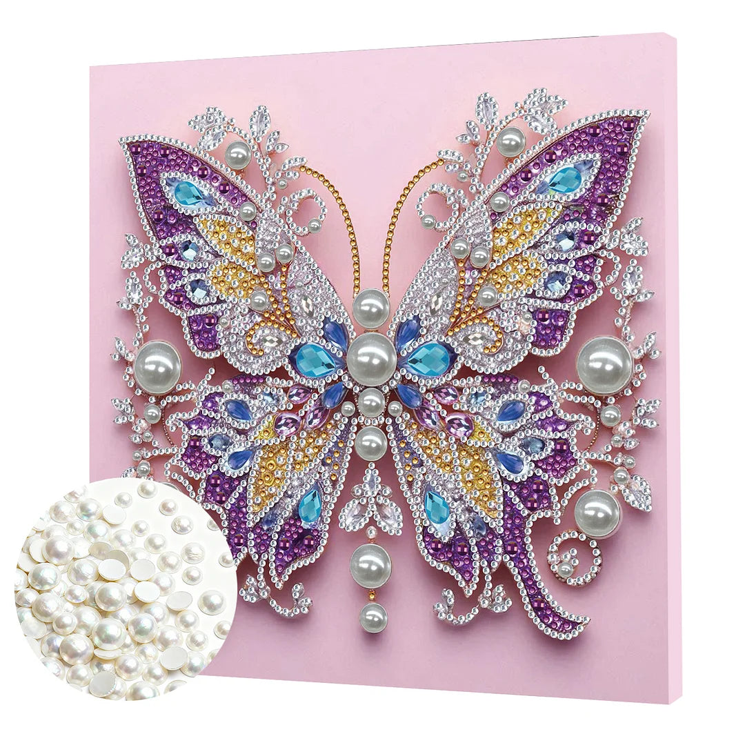 DIY Pearl Painting With Frame - Handmade Self-Adhesive Pearls - Purple Butterfly (25*25cm)
