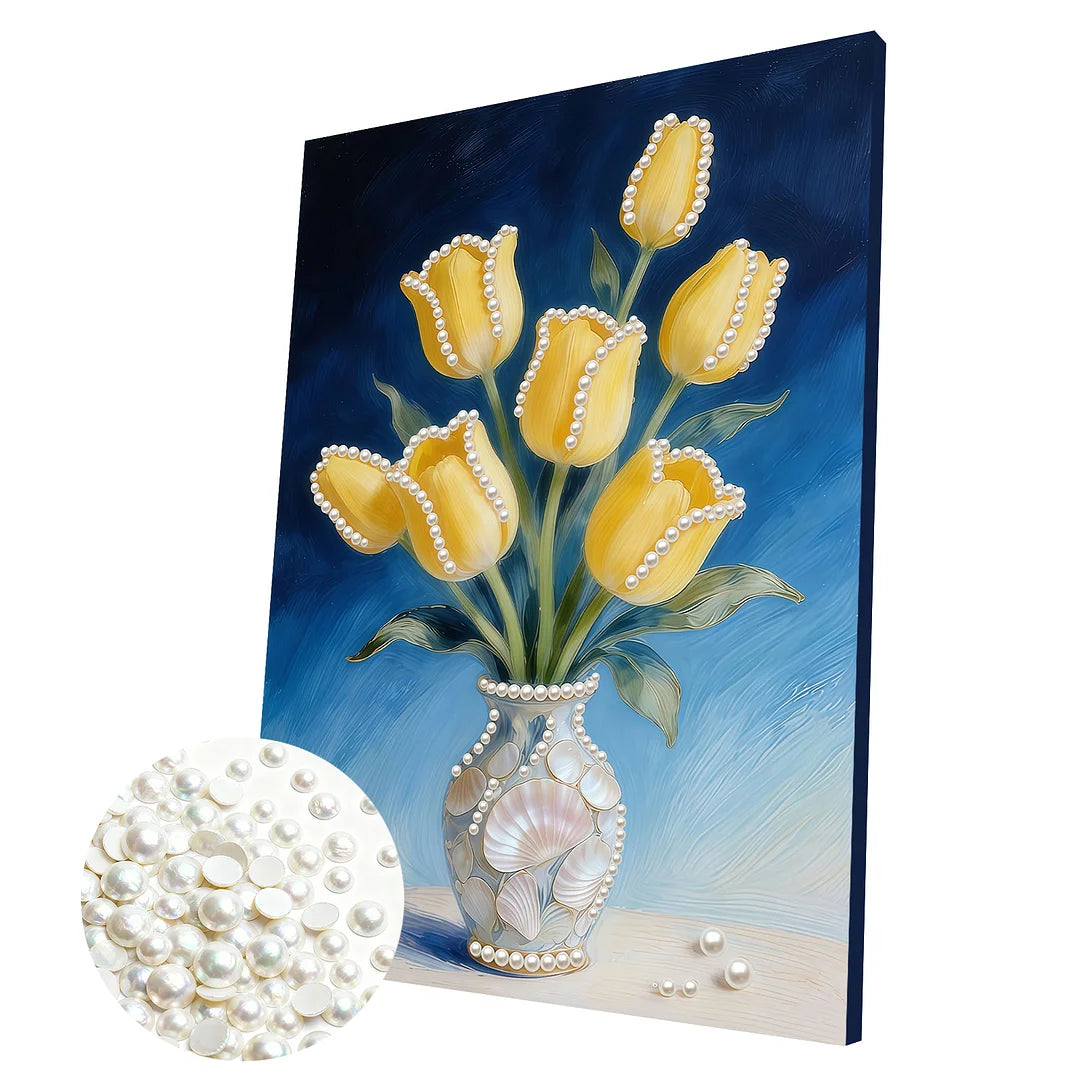 DIY Pearl Painting With Frame - Handmade Self-Adhesive Pearls - Yellow tulips (30*40cm)