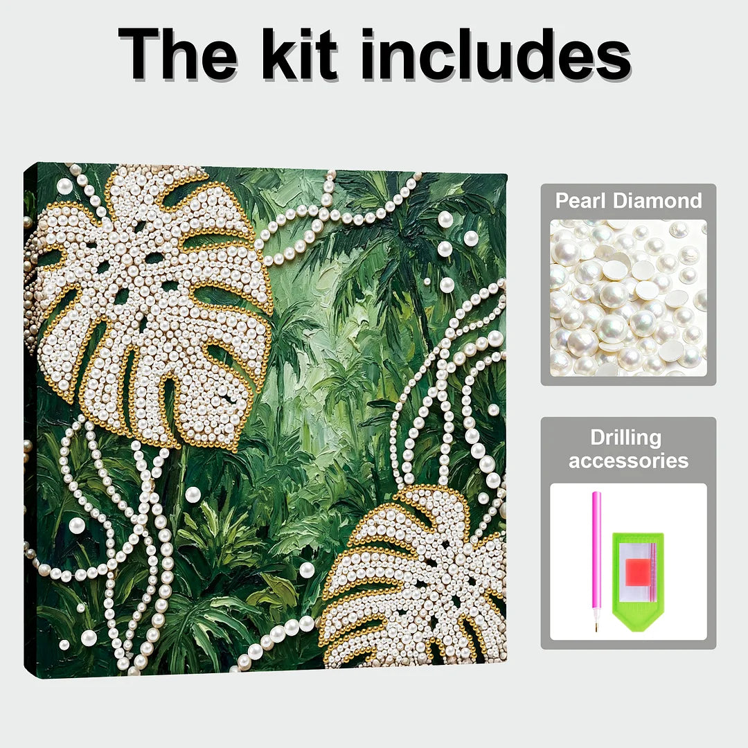 DIY Pearl Painting With Frame - Handmade Self-Adhesive Pearls - Monstera Leaves (25*25cm)