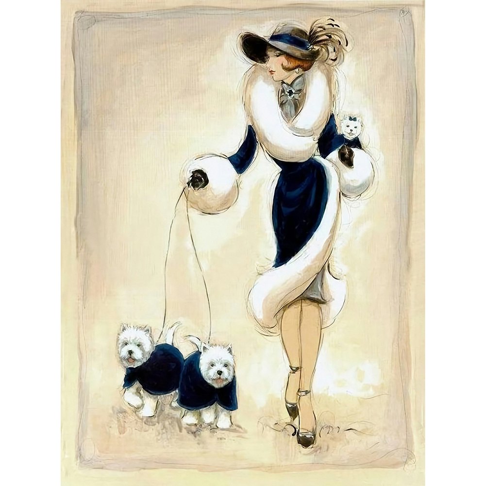 5D Diy Diamond Painting Kit Full Round Beads Lady and Dogs