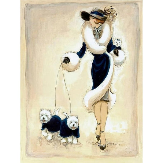 5D Diy Diamond Painting Kit Full Round Beads Lady and Dogs