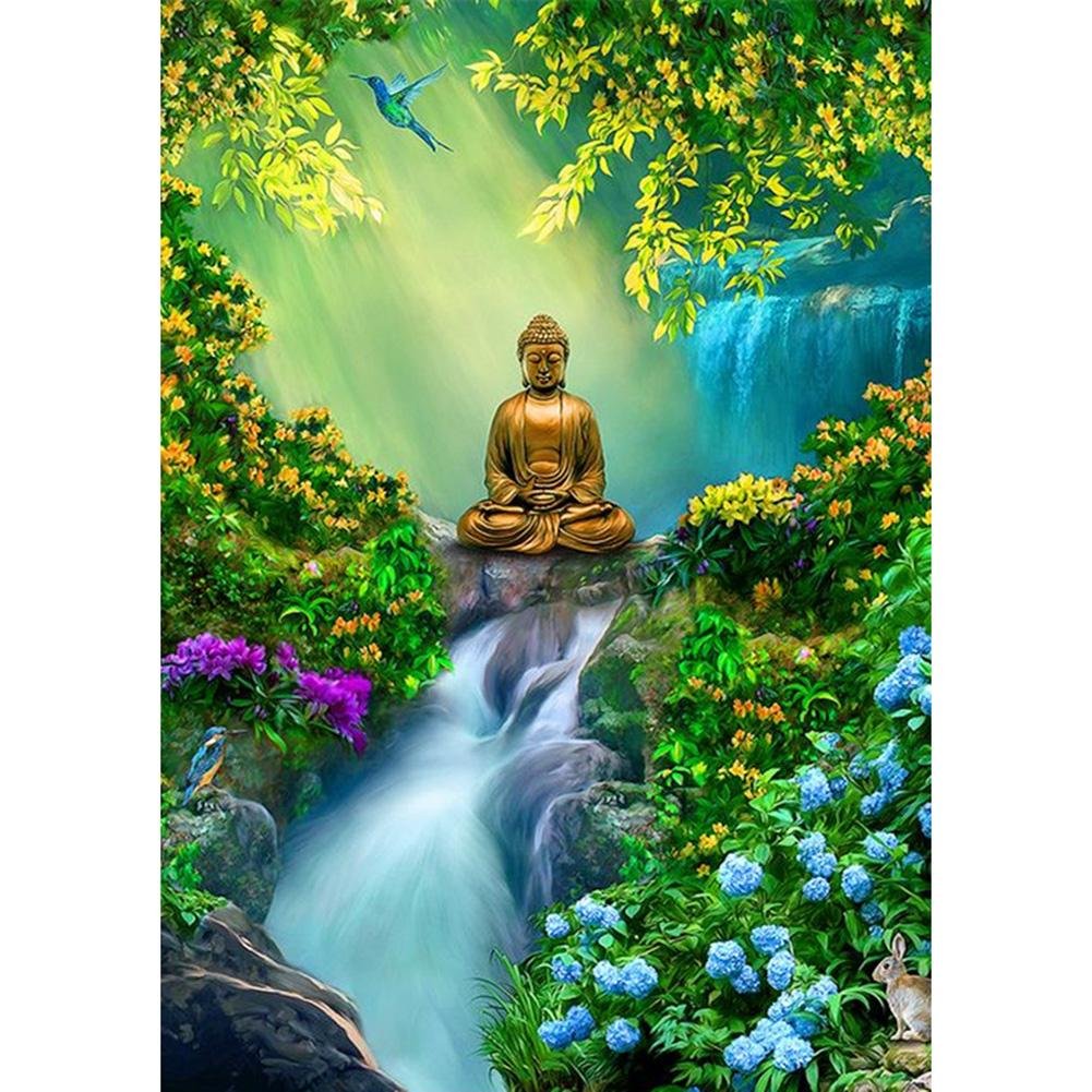 5D Diy Diamond Painting Kit Full Round Beads Buddha Forest Waterfall