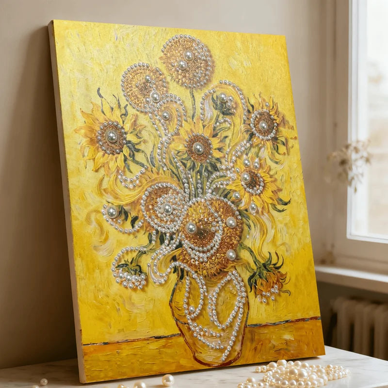 DIY Pearl Painting With Frame - Handmade Self-Adhesive Pearls - Sunflower (40*50cm) B