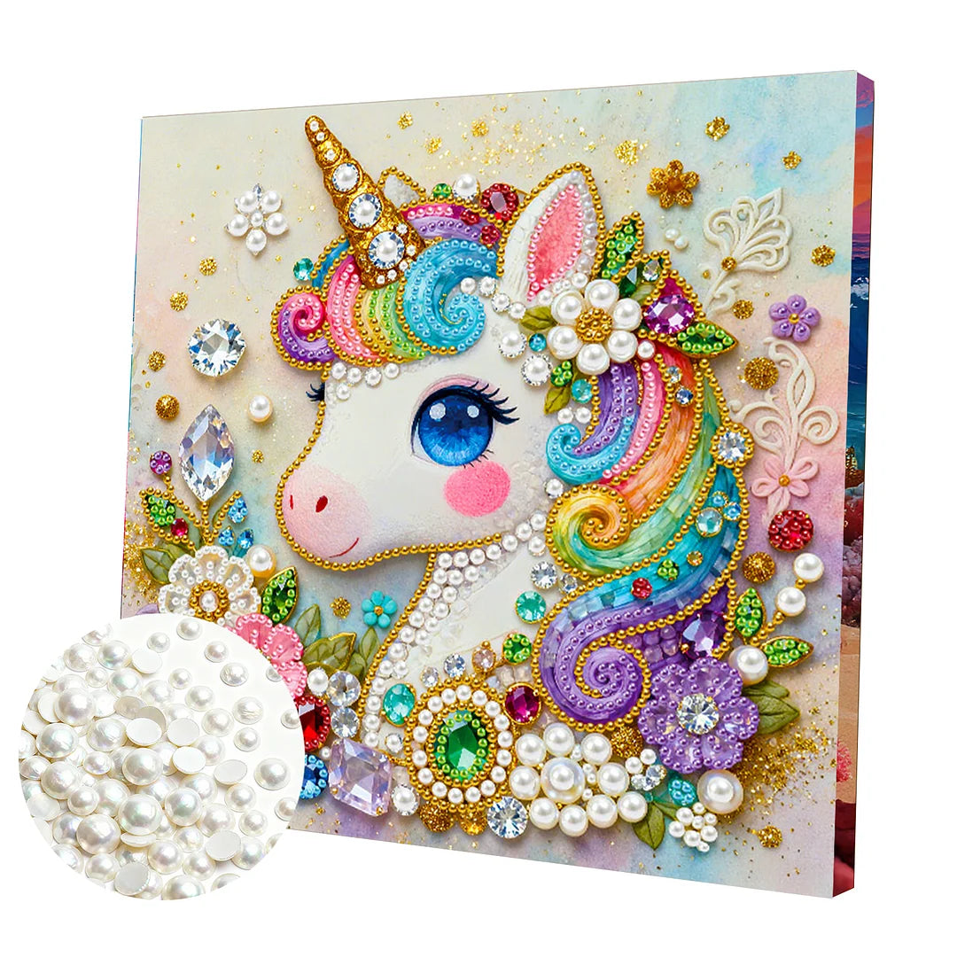 DIY Pearl Painting With Frame - Handmade Self-Adhesive Pearls - Unicorn (25*25cm) A