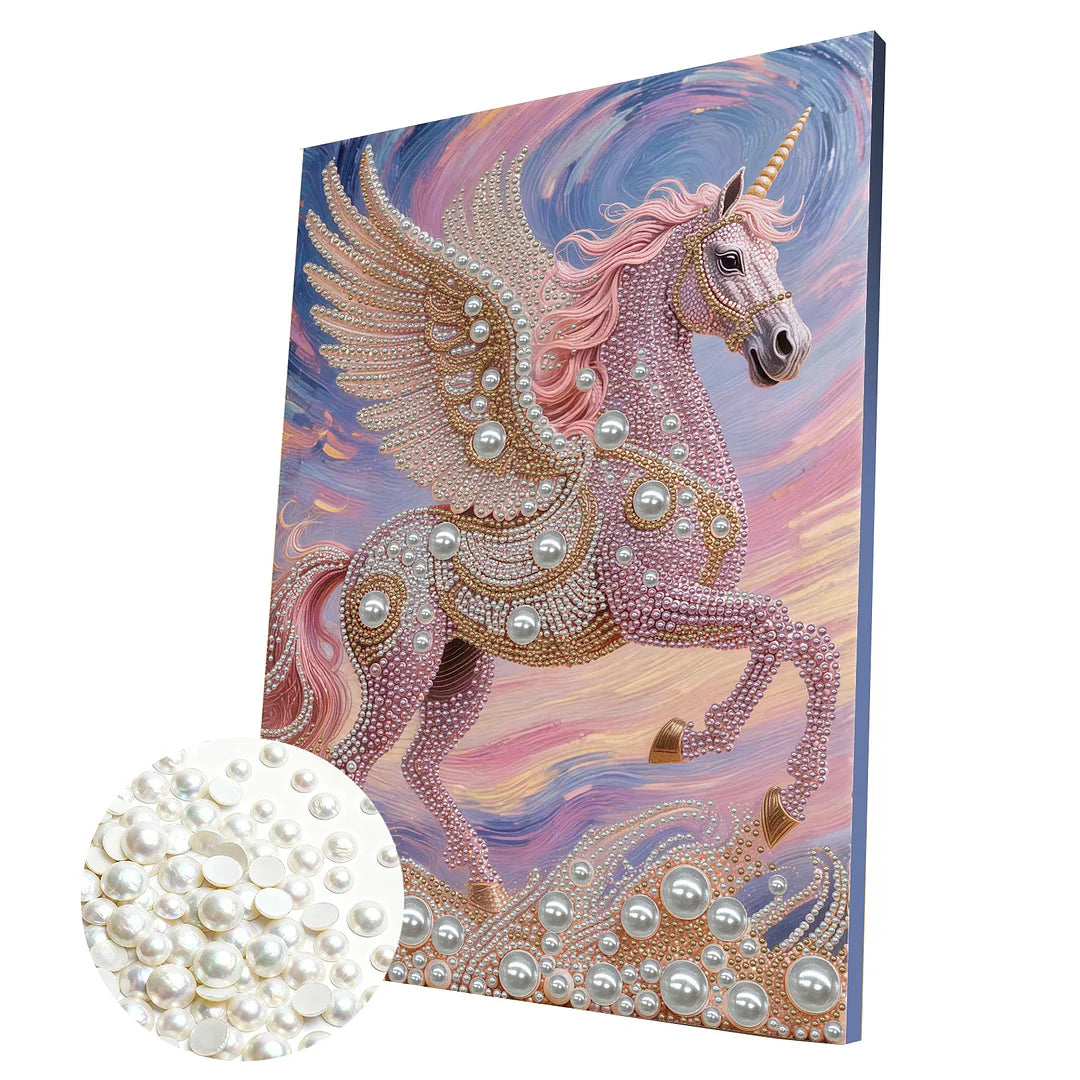 DIY Pearl Painting With Frame - Handmade Self-Adhesive Pearls - Unicorn (30*40cm) A