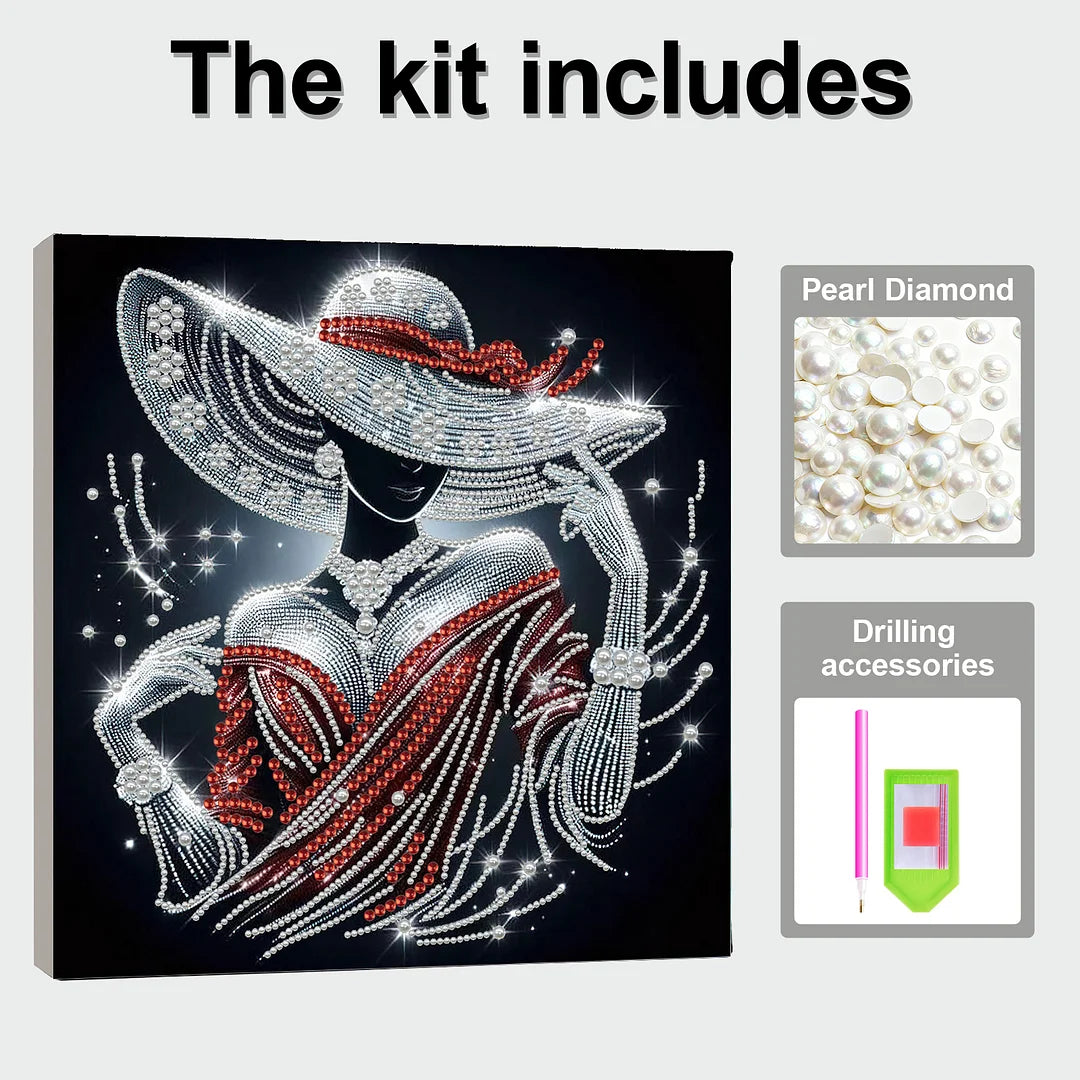 DIY Pearl Painting With Frame - Handmade Self-Adhesive Pearls - Lady (30*30cm) E