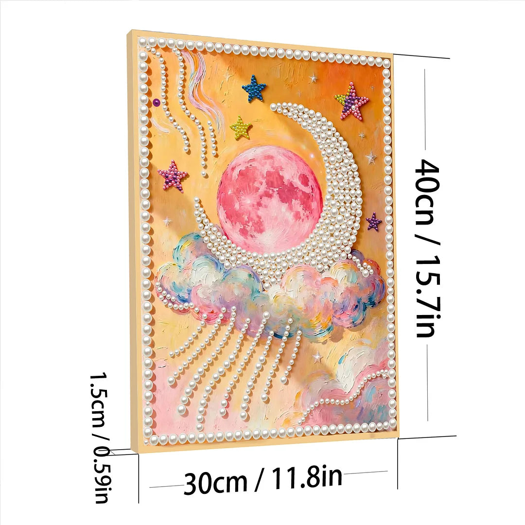 DIY Pearl Painting With Frame - Handmade Self-Adhesive Pearls - Moon oil painting (30*40cm)