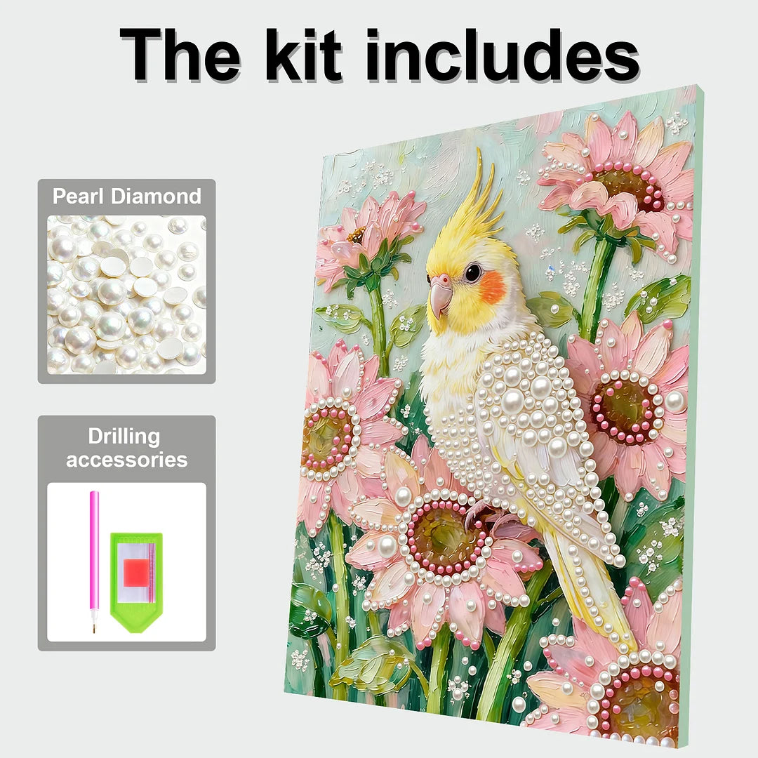 DIY Pearl Painting With Frame - Handmade Self-Adhesive Pearls - Cockatiel (30*40cm) B
