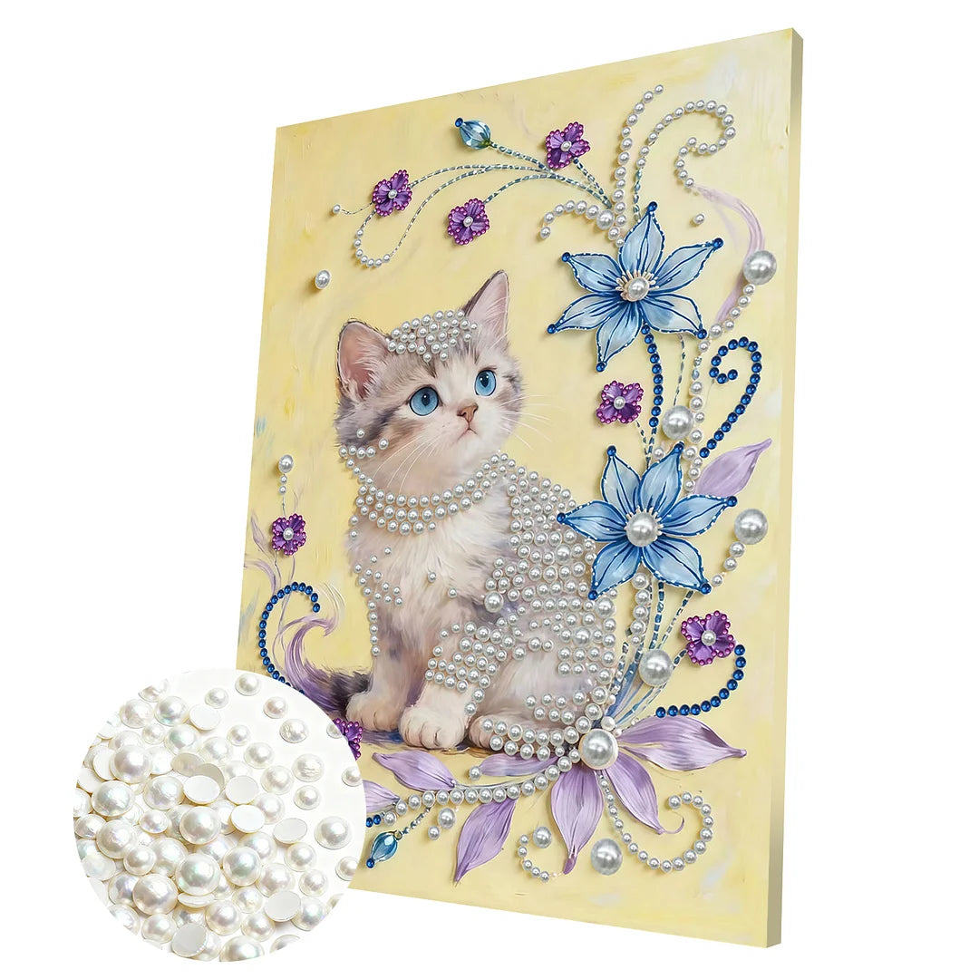DIY Pearl Painting With Frame - Handmade Self-Adhesive Pearls - Flower Cat (30*40cm) A