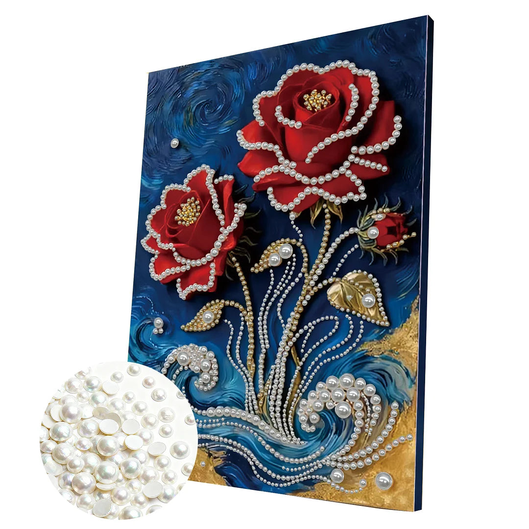 DIY Pearl Painting With Frame - Handmade Self-Adhesive Pearls - Red Flower (30*40cm)