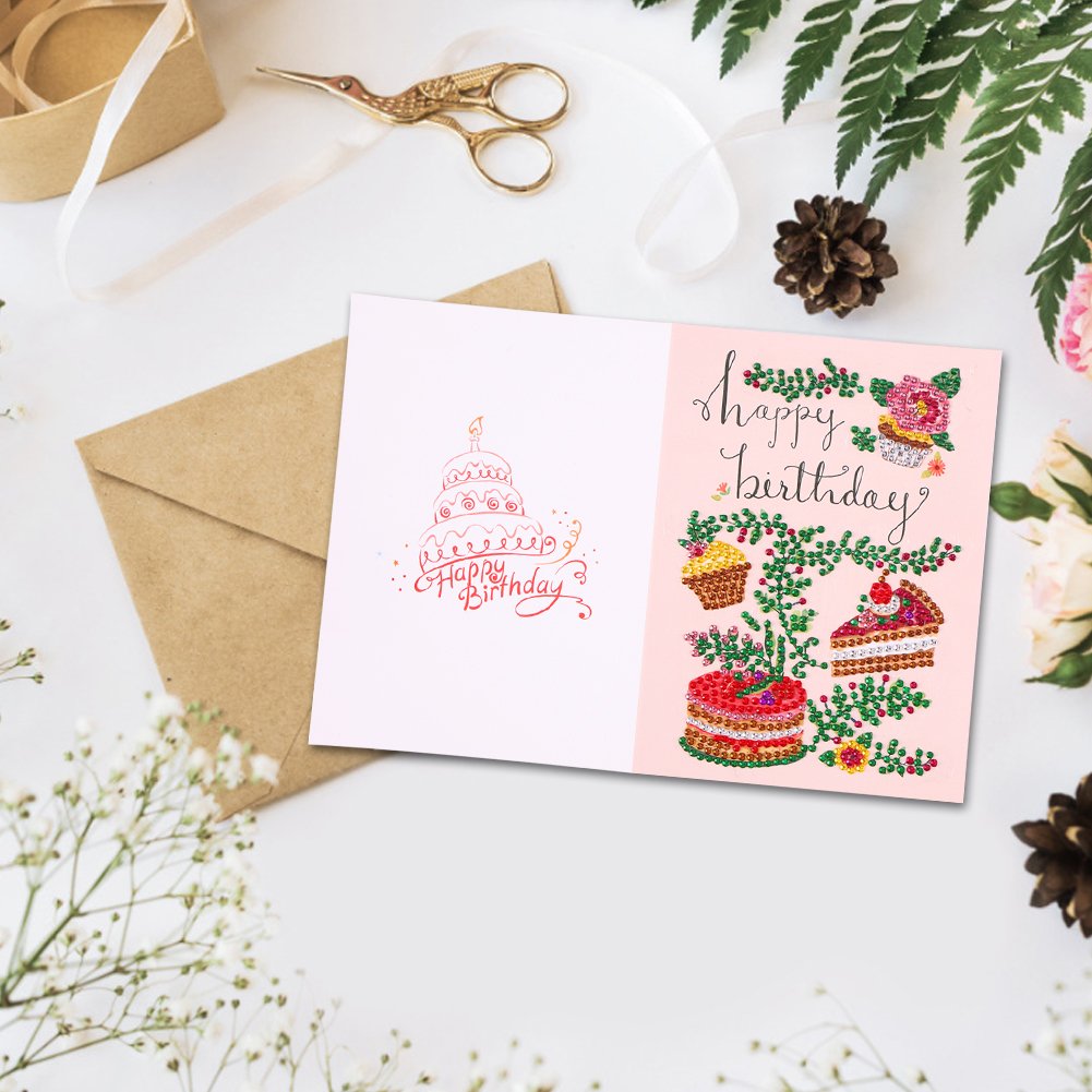 DIY 5D Diamond Painting Happy Birthday Postcard - Cake E