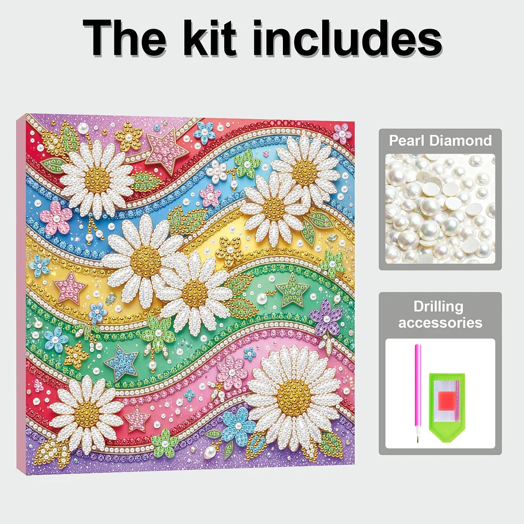 DIY Pearl Painting With Frame - Handmade Self-Adhesive Pearls - Rainbow Daisy (25*25cm)