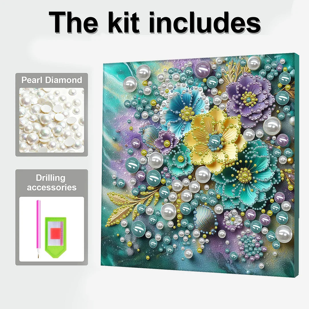 DIY Pearl Painting With Frame - Handmade Self-Adhesive Pearls - Blue Flowers (30*30cm)