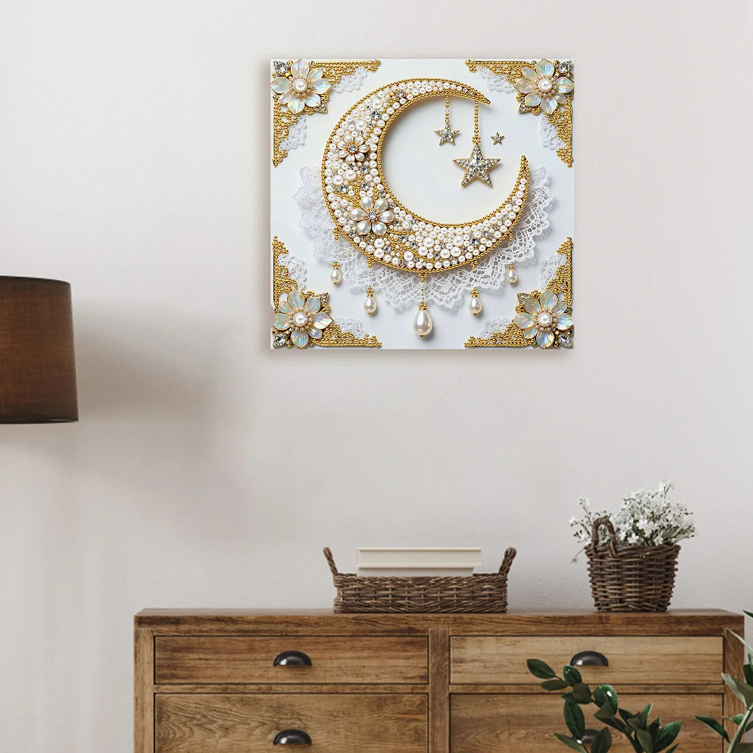 DIY Pearl Painting With Frame - Handmade Self-Adhesive Pearls - Stars and Moon (25*25cm)