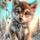 A digital painting of a cute, fluffy brown and white wolf puppy with bright blue eyes sitting on a snowy log in a winter forest.