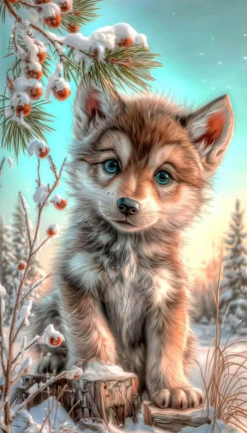 A digital painting of a cute, fluffy brown and white wolf puppy with bright blue eyes sitting on a snowy log in a winter forest.