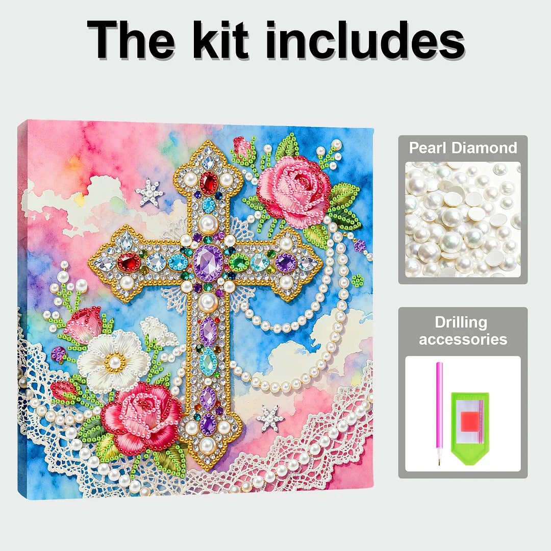 DIY Pearl Painting With Frame - Handmade Self-Adhesive Pearls - Cross (25*25cm)