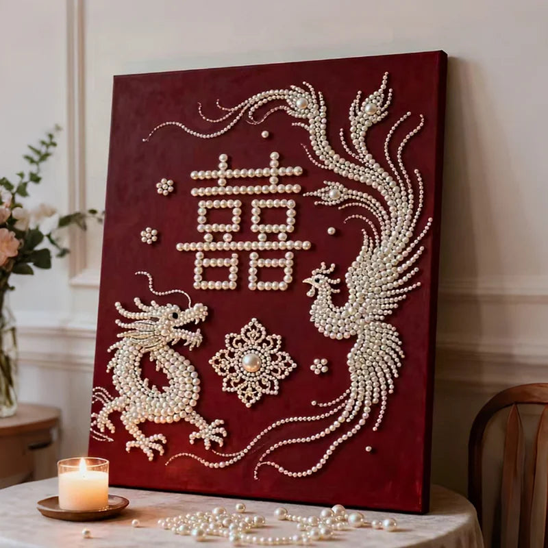 DIY Pearl Painting With Frame - Handmade Self-Adhesive Pearls - Dragon and Phoenix (40*50cm)