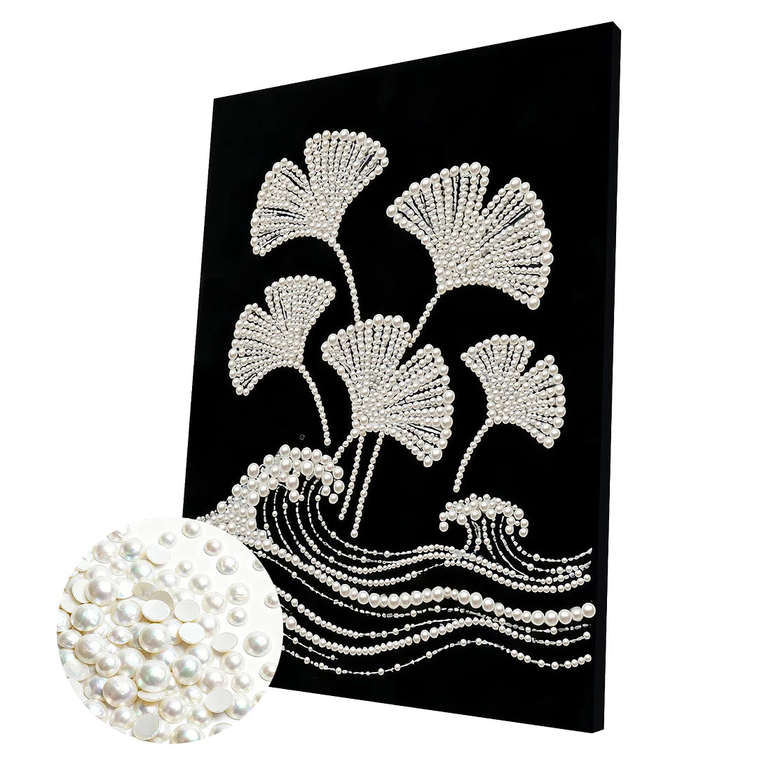 DIY Pearl Painting With Frame - Handmade Self-Adhesive Pearls - Ginkgo Leaves (30*40cm) B