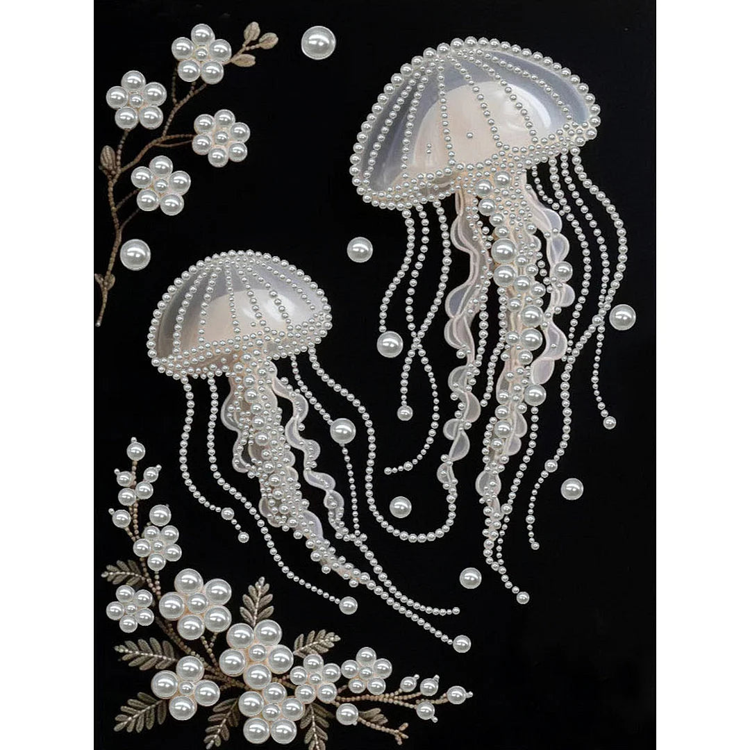 DIY Pearl Painting With Frame - Handmade Self-Adhesive Pearls - Jellyfish (30*40cm) A