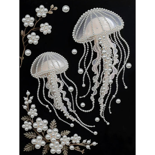 DIY Pearl Painting With Frame - Handmade Self-Adhesive Pearls - Jellyfish (30*40cm) A