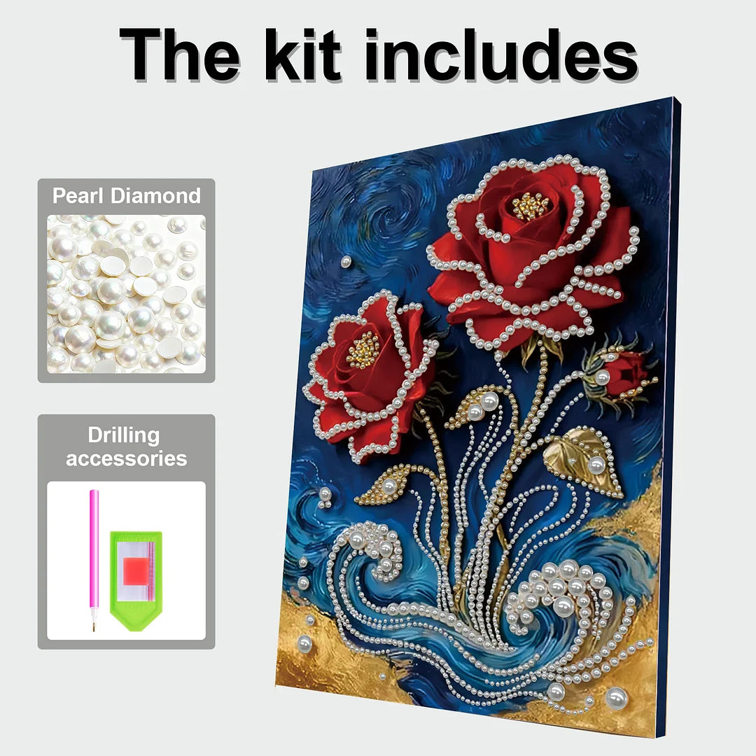 DIY Pearl Painting With Frame - Handmade Self-Adhesive Pearls - Red Flower (30*40cm)