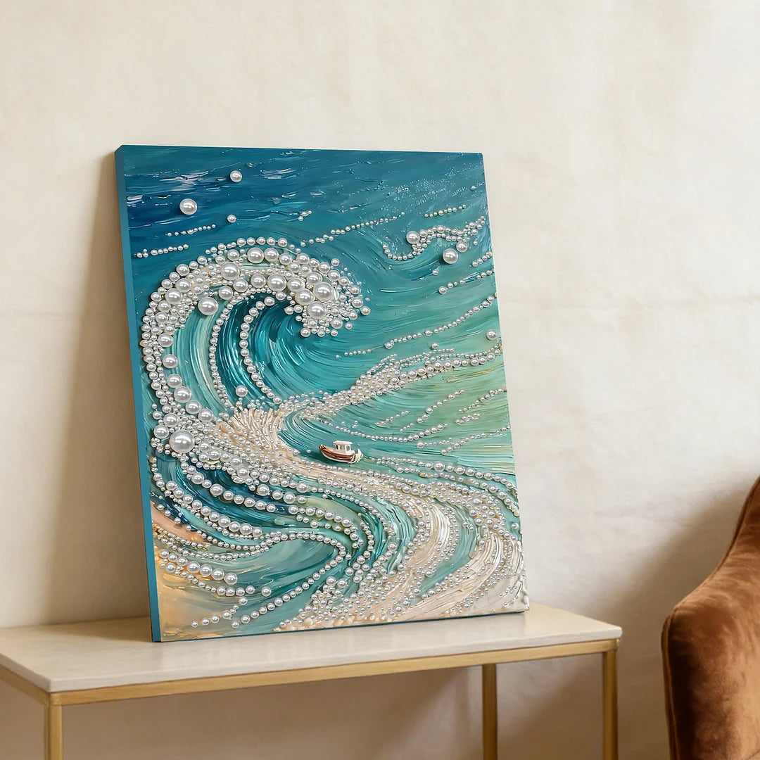 DIY Pearl Painting With Frame - Handmade Self-Adhesive Pearls - Waves (30*40cm) A