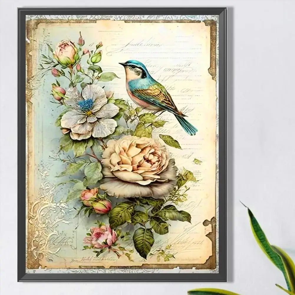 Bird Resting on Flowers Diamond Painting
